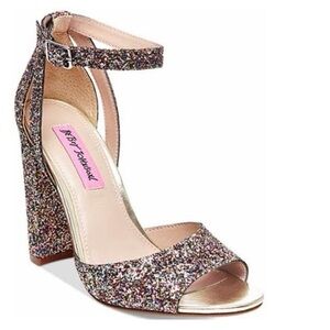BETSEY JOHNSON Glissten - Glitter Chunky Block Heel Peep Toe Pump Heels - 7.5